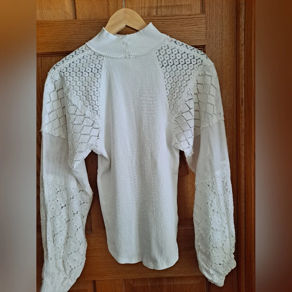 Free People Love Too Much White Mock Neck Top With Lace Sleeves
